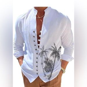 Men's Casual Hawaii Long Sleeve Button Down Floral Shirt Beach Printed Large